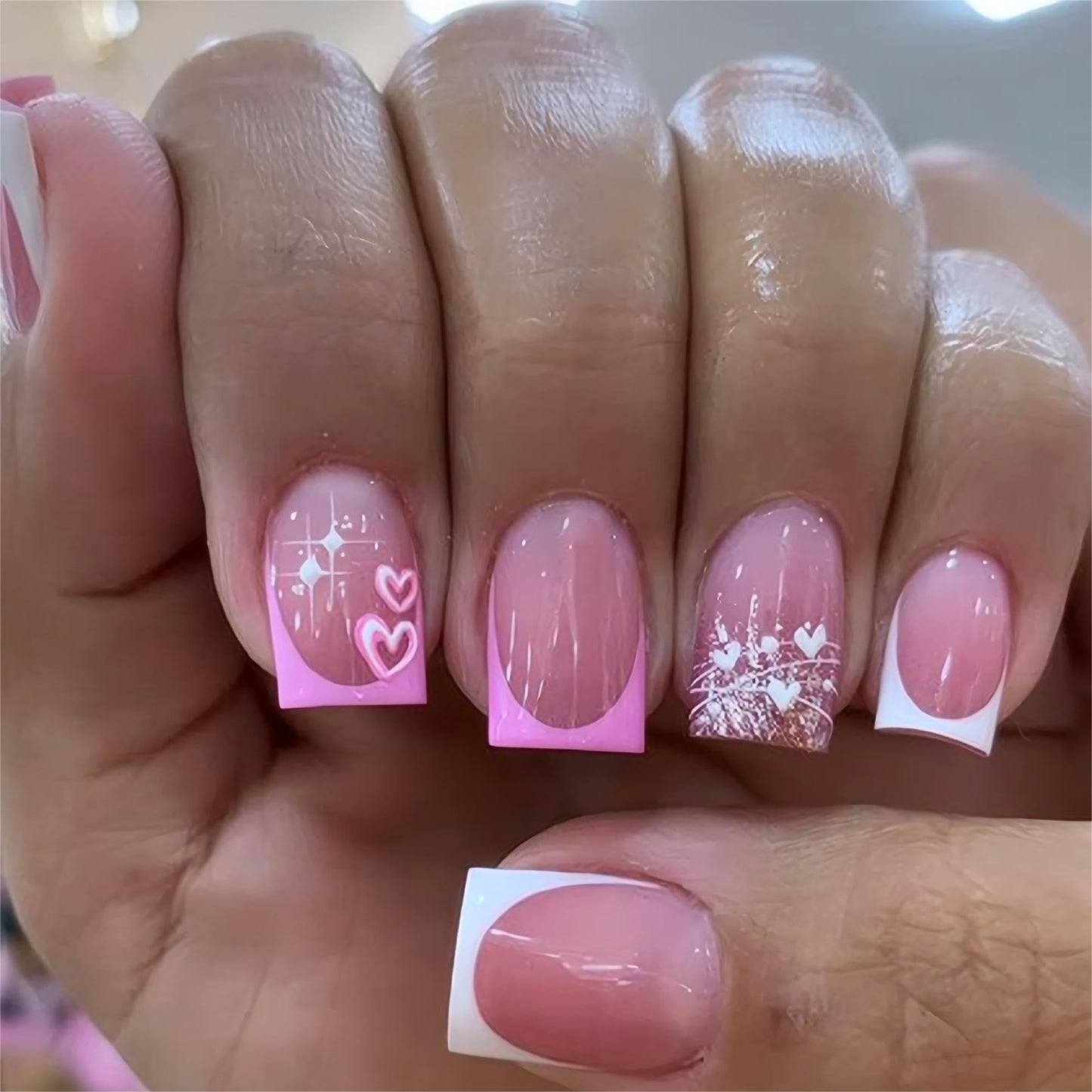 Medium Press on Nails Square Fake Nails Pink French Tips Acrylic False Nails Silver Stars Glue on Nail Curve Line Glossy Pink Gradient Stick on Nails Purple Ombre Artificial Nail for Women 24Pcs