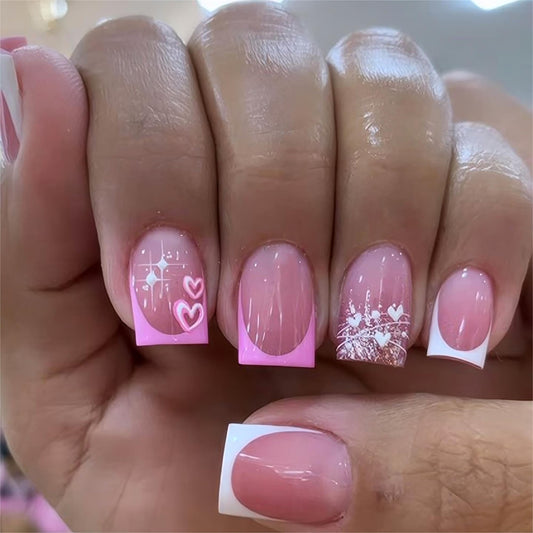 Medium Press on Nails Square Fake Nails Pink French Tips Acrylic False Nails Silver Stars Glue on Nail Curve Line Glossy Pink Gradient Stick on Nails Purple Ombre Artificial Nail for Women 24Pcs