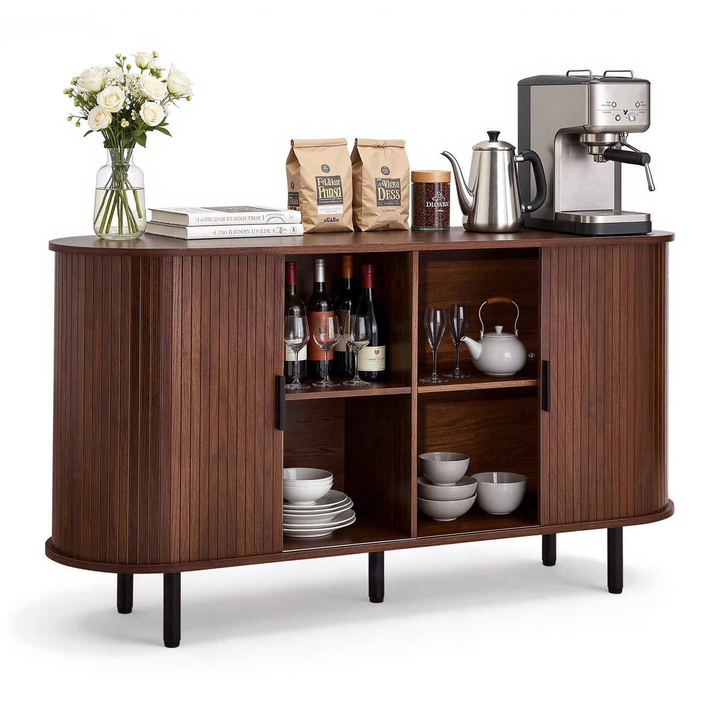 VEVOR Coffee Bar Cabinet, Mid Century Buffet Cabinet with Storage, Sideboard Cabinet with 2 Sliding Doors, Sideboard Buffet Station for Living Room, Entryway, Kitchen, 55.1 x 15.7 x 29.5 in, Walnut
