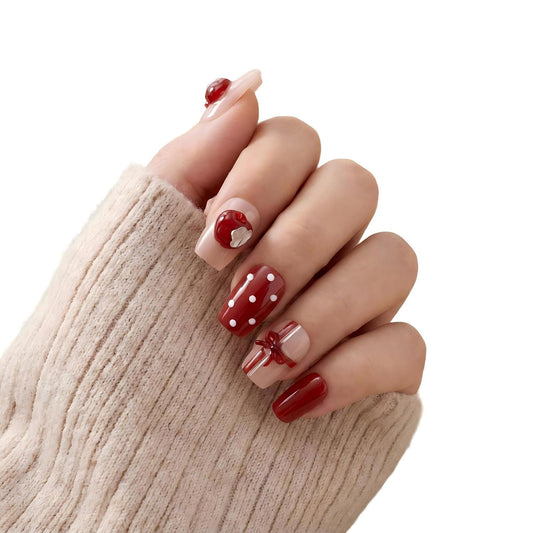 3D Red Press On Nails, Cute Bow & Polka Dot Design, Glossy Square Fake Nails with 3D Flower Accent, Holiday On Nails for Women, 30 PCS Set (The sizing runs small)