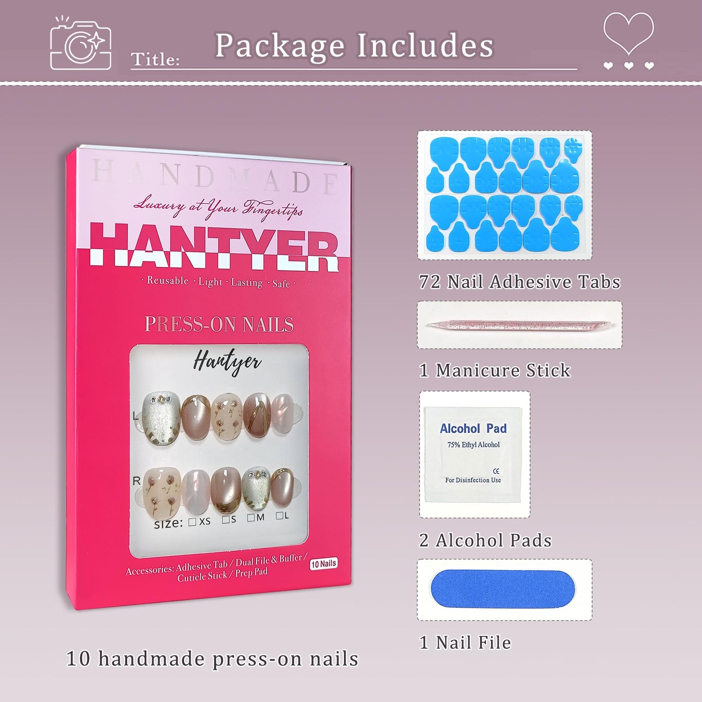 Hantyer Soft Glam Pink Cat Eye Press on Nails with Hand-Painted Tulips, Rhinestones & Gold Lines - Short Oval Glossy Fake Nails, Reusable Elegant False Nails for Women Fall Winter Party Date, Size M