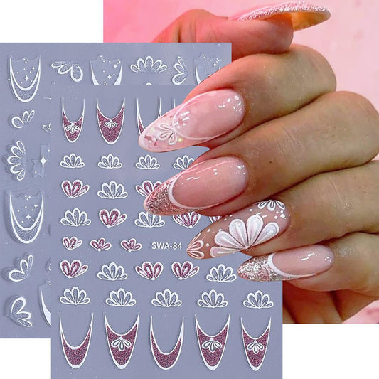 2Sheets Flower Nail Art Sticker Decals with Glitter Half Daisy Flowers French Line Nail Stickers Self-Adhesive Nail Supplies French Star Floral Nail Designs for Women Girls DIY Manicure Tip Decoration