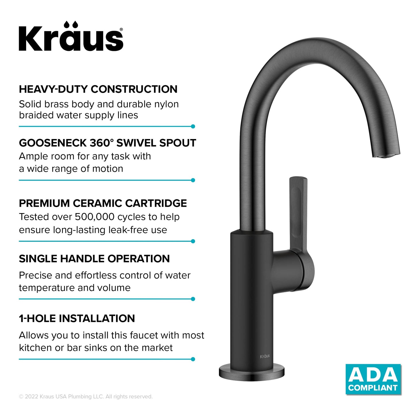 Kraus Oletto Single Handle Kitchen Bar Faucet in Matte Black/Spot Free Black Stainless Steel, Kitchen Sink Faucets, KPF-2822MBSFSB