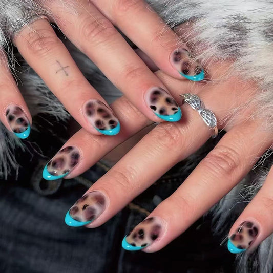 IMSOHOT Press on Nails Short Oval Fake Nails Blue French Tips Acrylic False Nails with Leopard Print Designs Round Glossy Glue on Nails for Women Girls 24Pcs