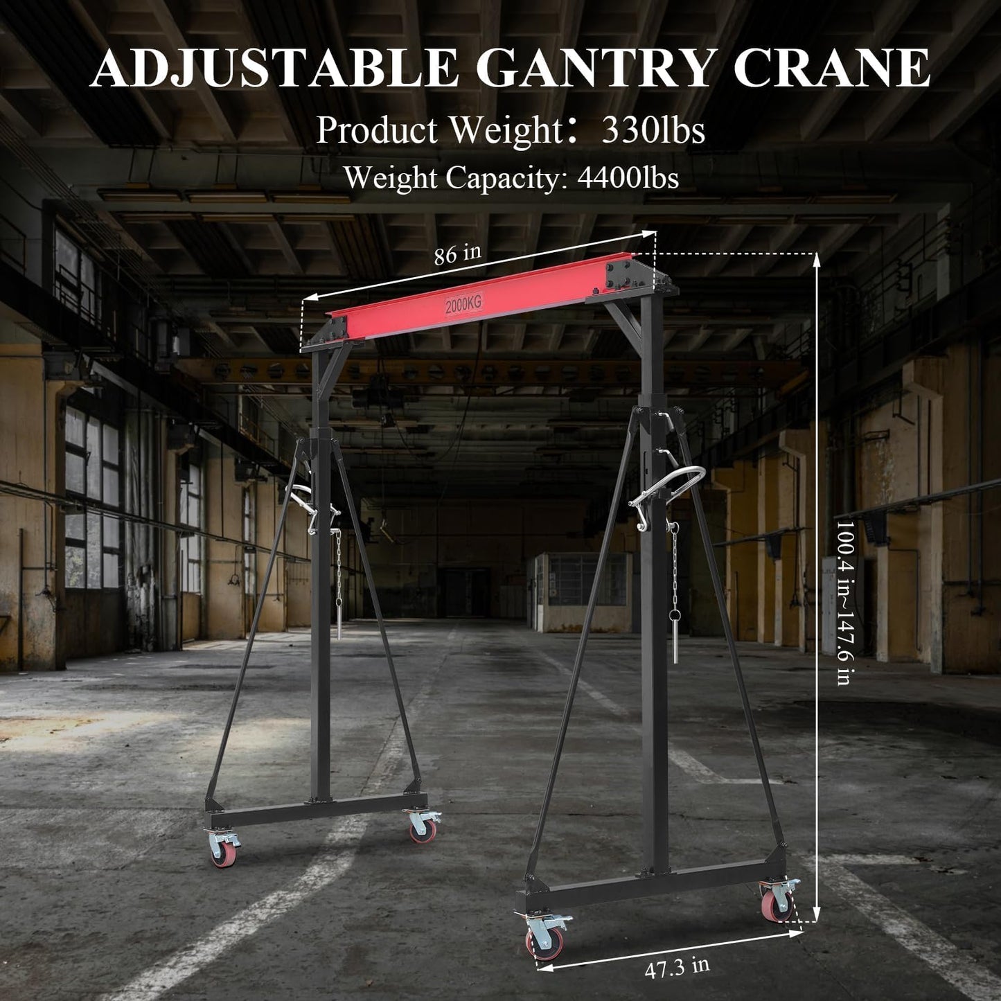2.5/2/1T Adjustable Gantry Crane, 2200/4400/5500LBS Loading Capacity, Adjustable Height from 100.4 in to 147.6 in, Portable Shop Lift Hoist, for Factories, Construction Site, Warehouse, Car Repair