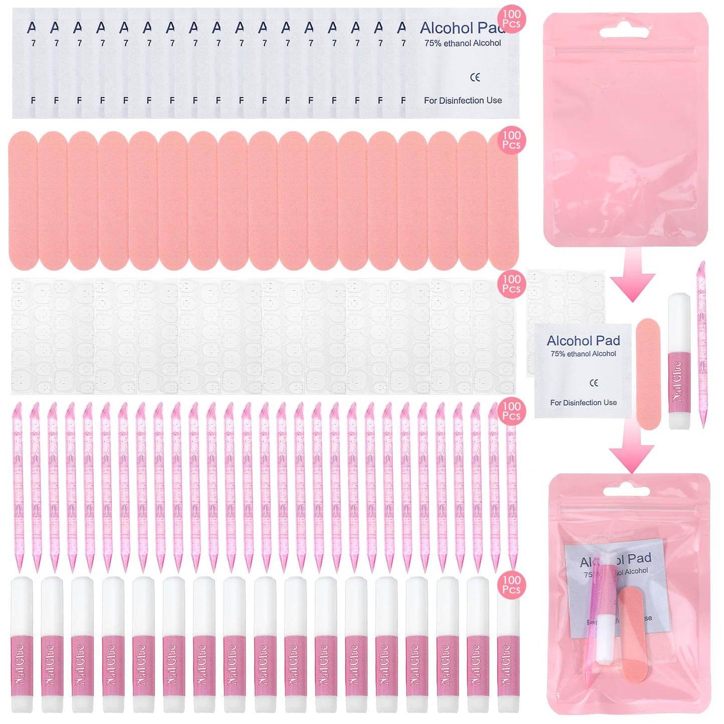 100 Pcs Pink Press On Nail Tool Kit for Business - Prep Application Disposable Kit with File, Glue, Prep Pads, Adhesive Tabs, Wood Stick, Holographic Bag