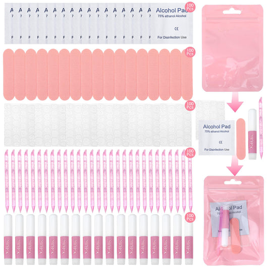 100 Pcs Pink Press On Nail Tool Kit for Business - Prep Application Disposable Kit with File, Glue, Prep Pads, Adhesive Tabs, Wood Stick, Holographic Bag