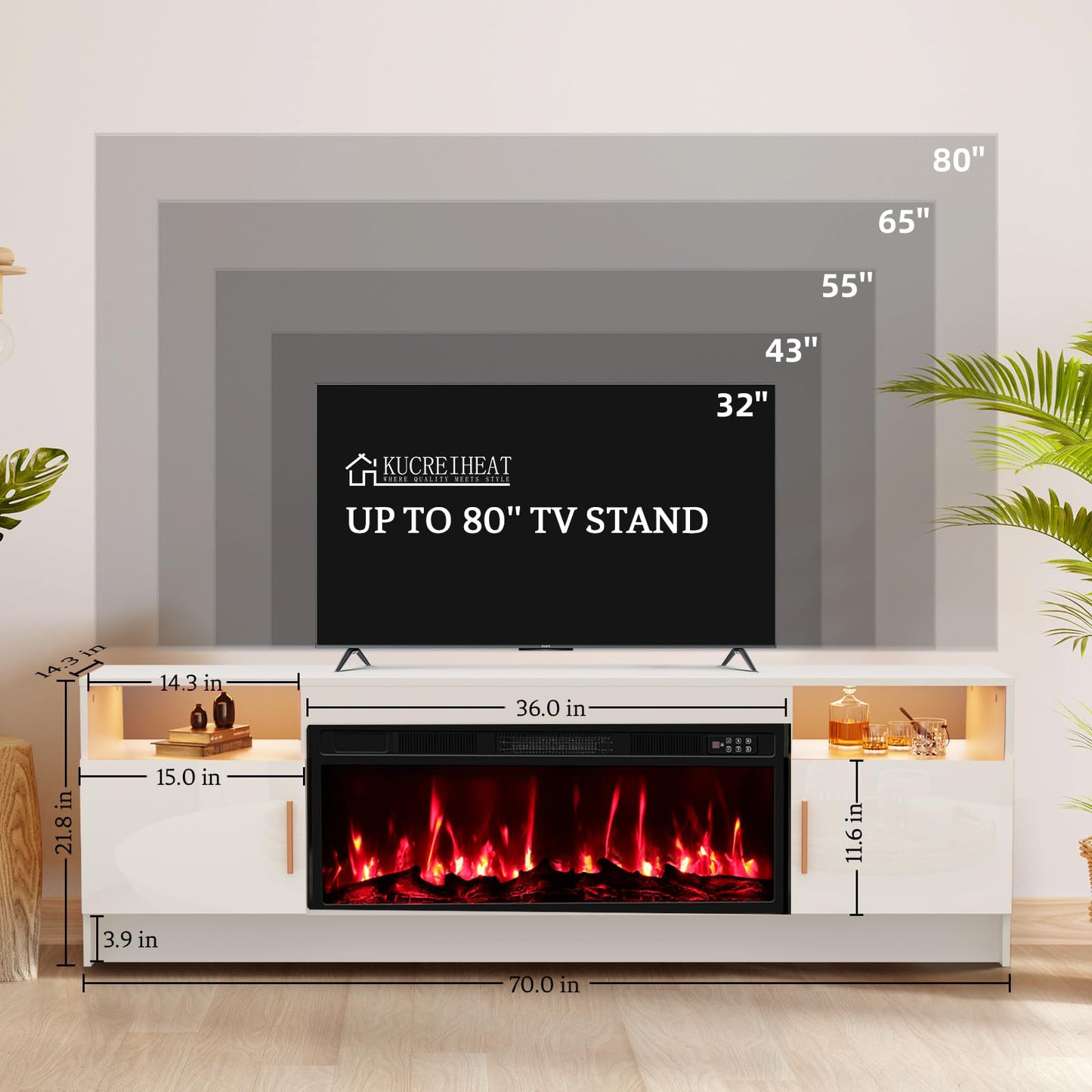 Kucreiheat Fireplace tv Stand with 36 inch Fireplace Up to 80" TV, LED Light Entertainment Center and Storage, 70" Modern Wood Media TV Console with Highlight Cabinet for Living Room, White