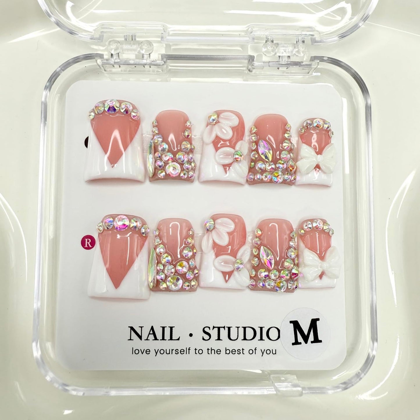 Handmade Press on Nails Rhinestones Press on Nails Short Duck Shaped Fake Nail White French Acrylic Nails Full Cover Reusable Flower False Nail for Women Girls Nail Accessories (Size S)