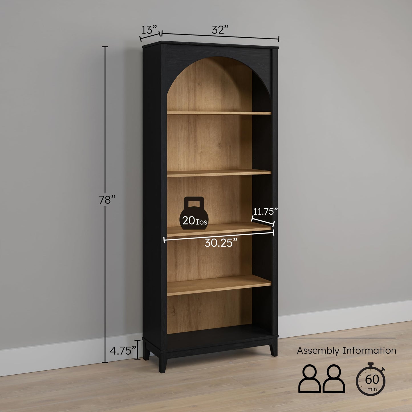 Prepac Ark 78" Tall 5-Tier Arched Bookcase, Black Oak with Oak Finish Interior, Modern Storage Accent Bookshelf with 3 Adjustable Shelves for Home, Office, Living Room, Bedroom