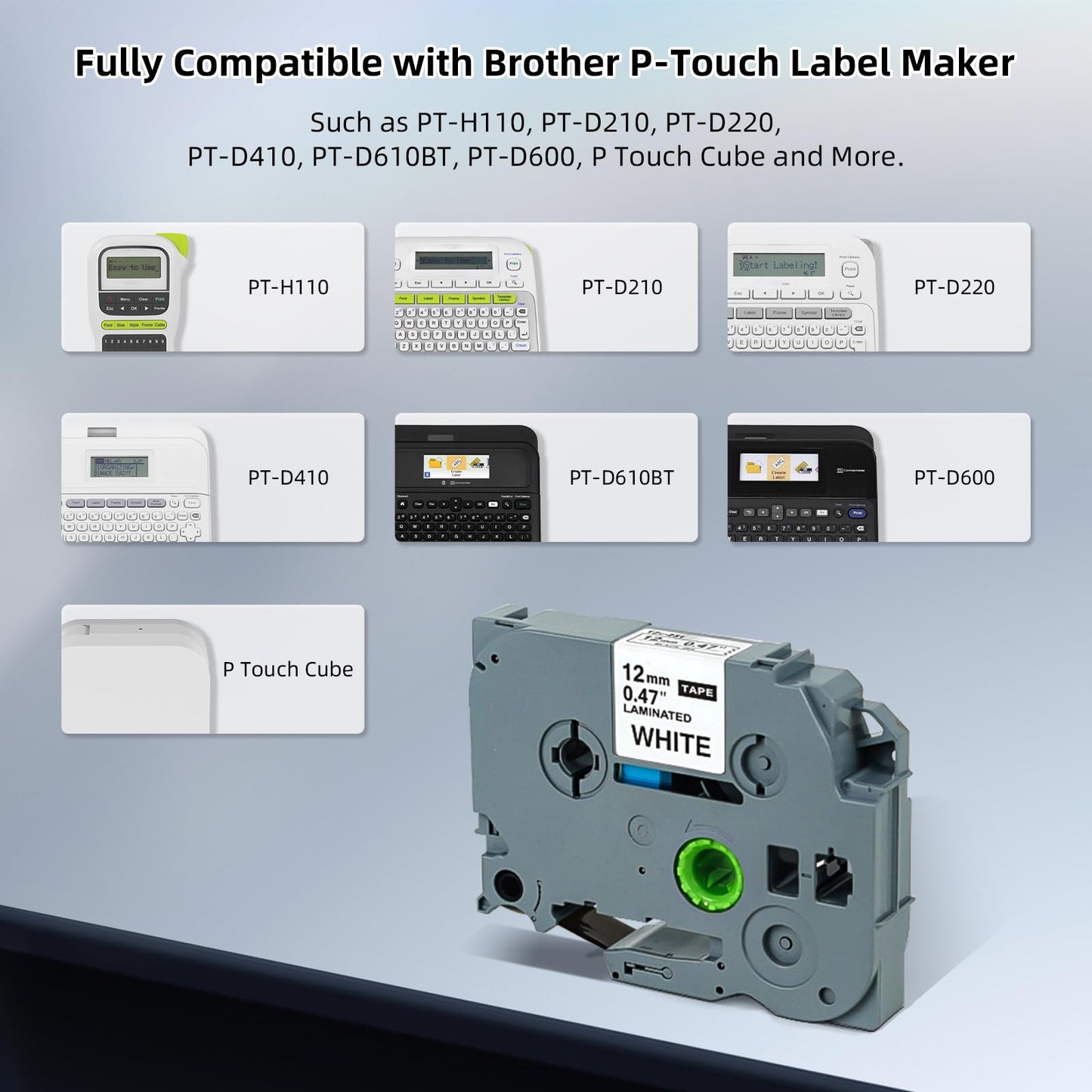 BORN4SHIP Replacement Brother P-Touch Label Tape, Tze Tape 12mm 0.47 Laminated White Tze-231 Tz 231 Tapes Compatible with Brother Label Maker PT-D210 D220 D400 D410 D450 H110 1280 Refill 6 Pack