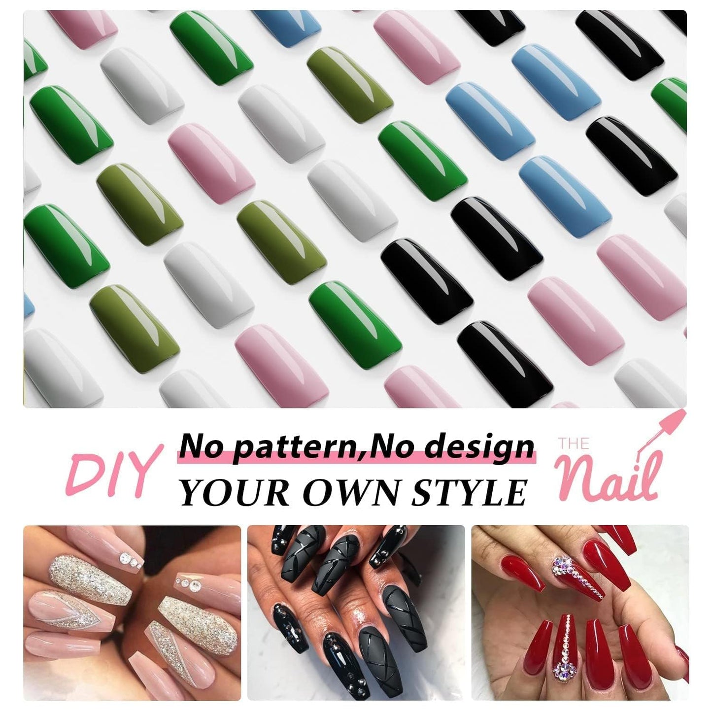 Dark Green Press On Nails Medium Long Square Emerald Coffin Acrylic Press Ons Glue On Medium Length Solid Color Fake Nails for Women, Thick Artificial Stick On