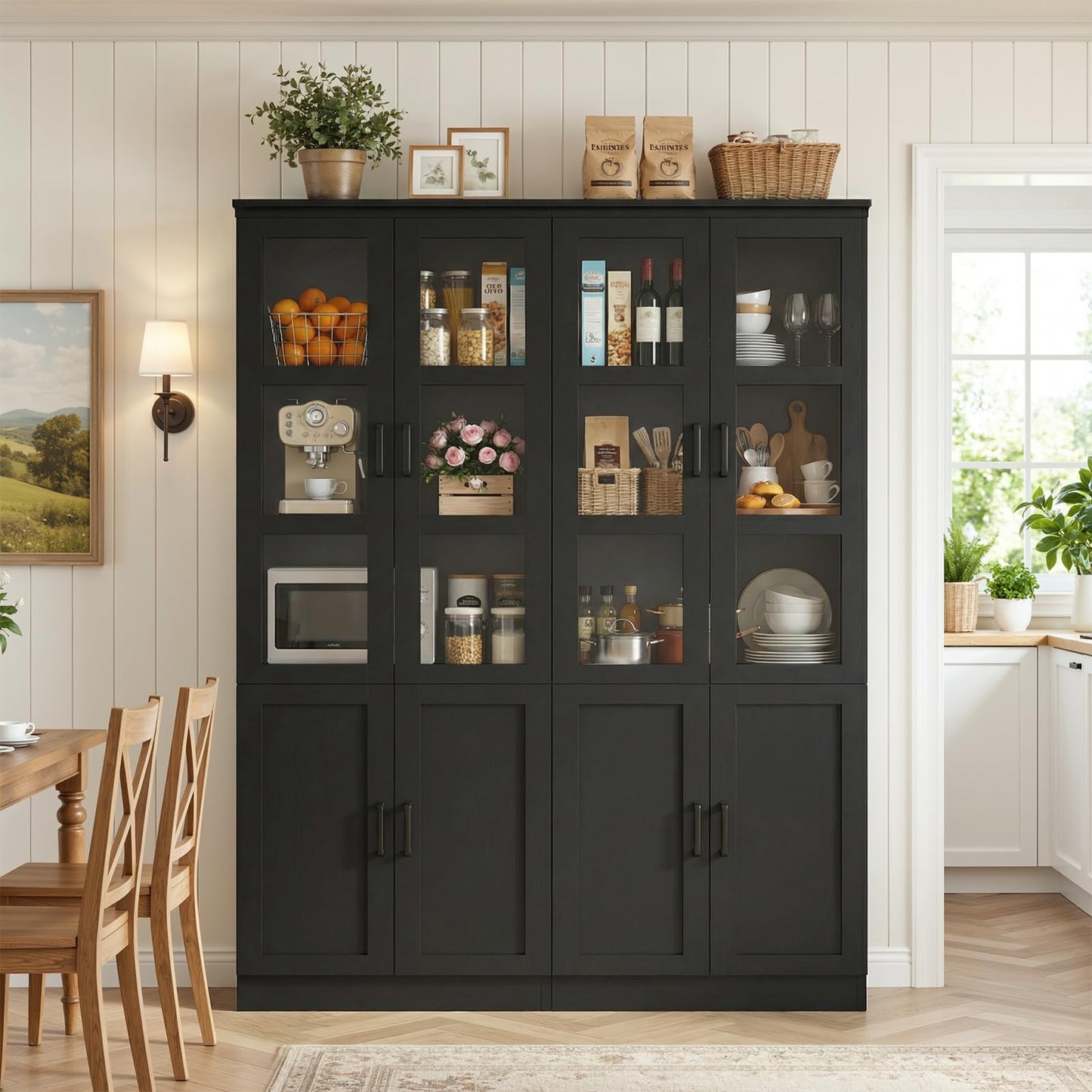 Unikito 79.7" Tall Kitchen Pantry Storage Cabinet, Freestanding Kitchen Hutch Cabinet with Tempered Glass Doors, Large Display Bookcase with Adjustable Shelves for Living Room, Dining Room, Black