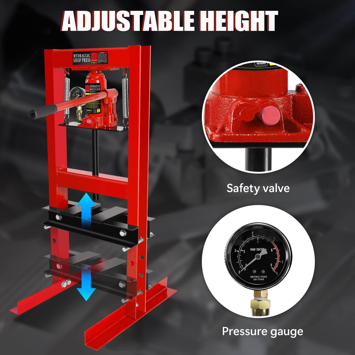 6 Ton Hydraulic Shop Press, H-Frame Garage Floor Adjustable Shop Press with Stamping Plates & Pressure Gauge to Bend, Straighten, Or Press Parts, Install Bearings and U-Joints