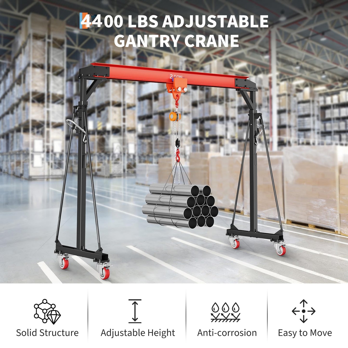 4400 LBS Gantry Crane with Manual Trolley, 2 Ton Gantry Crane with 8-12 FT Adjustable Height, Shop Crane Lift Hoist with Hooks & Shackles for Warehouse, Factory