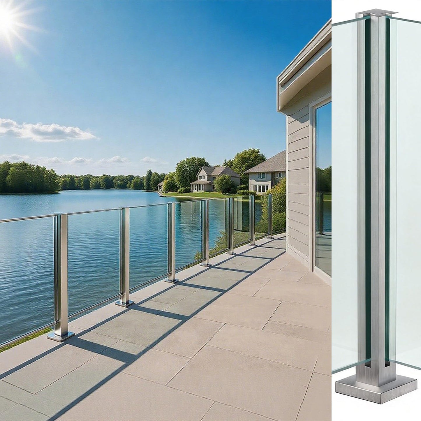 Cvter Glass Railing Post, No-Punch Heavy-Duty Glass Railing with Spigot Slots & Base, 304 Stainless Steel Clamp Bracket for Deck Balusters, Balcony, Patio, Stairs, Silver 24in Corner Post