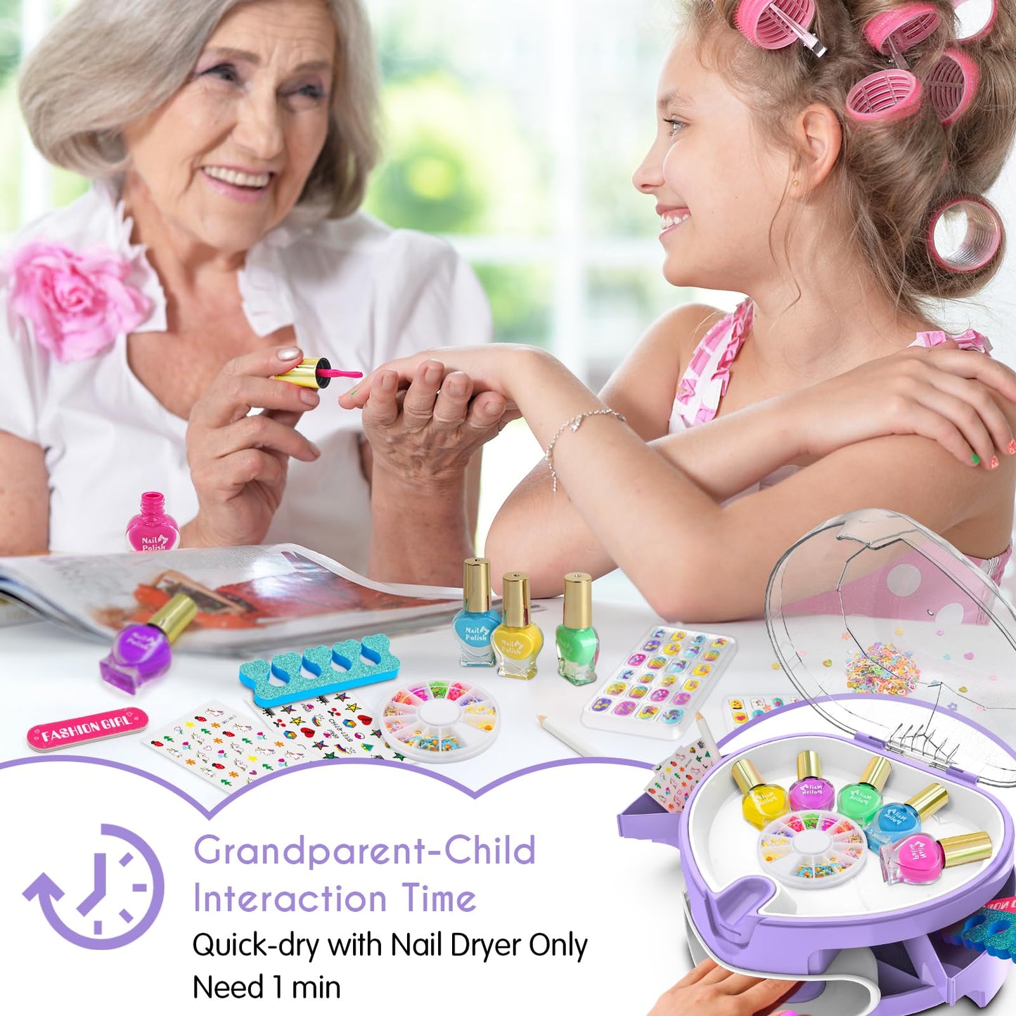 Ylovetoys Kids Nail Polish Set for Girls, Nail Art Kit for Kids Ages 7-12, All-in-One Nail Dryer Salon with Press On False Nails, Non-Toxic Polish, Stickers, DIY Decorative, Gift Toys for Girls