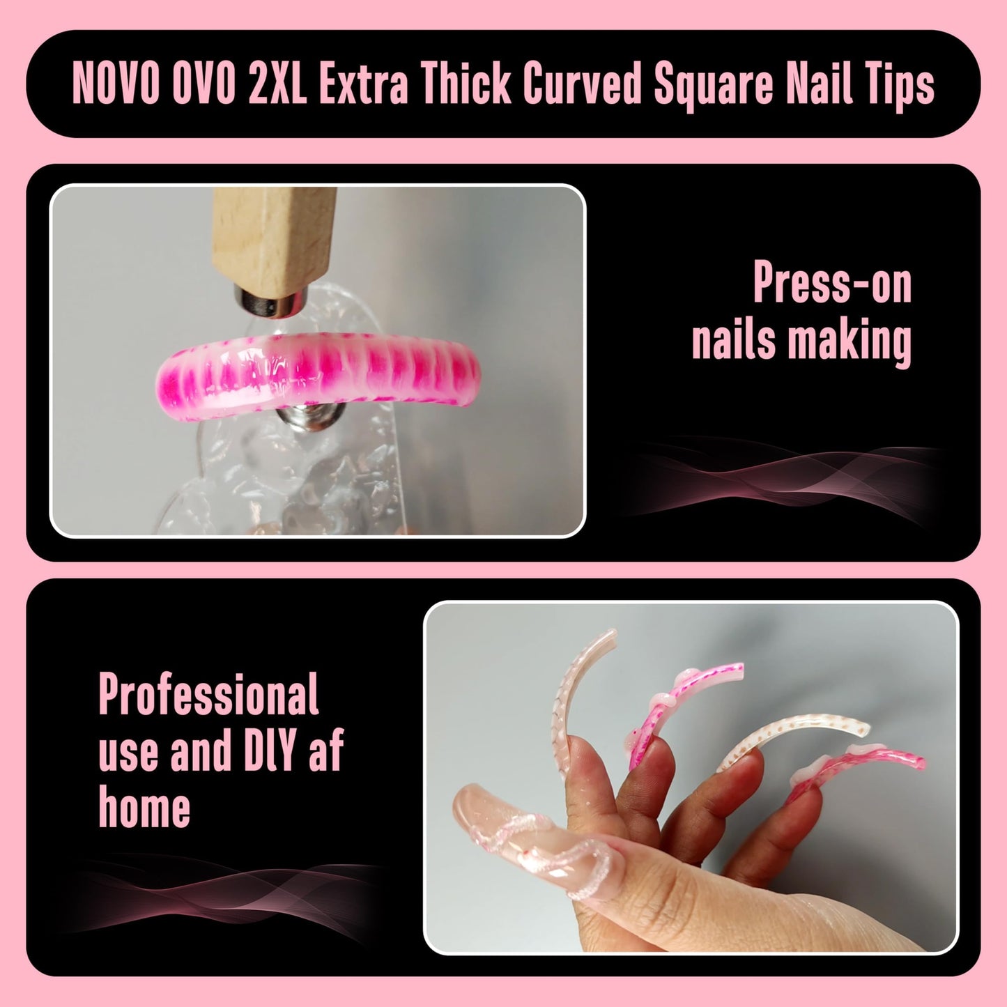 NOVO OVO Halloween Curved Nail Tips Press on Full Cover, Extra Curve Square Gel x Thick Long XL XXL Acrylic Fake Nails Extension kit, Clear Pre-etched French False Nail 12 Sizes 240pc QUEEN SQUARE PRO