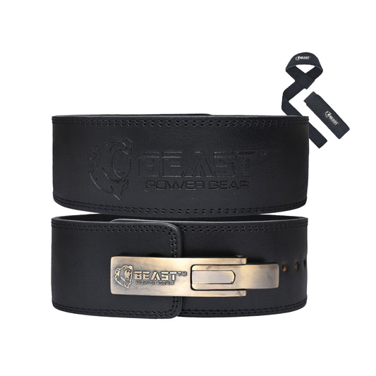 Beast Power Gear Lever belt Weight Lifting 10MM 13MM Leather Lever Belt Powerlifting- Free Strap Lower Back Support for Weightlifting, Deadlifts, Squats, Power Belt- Men & Women (Black/Black, Medium)