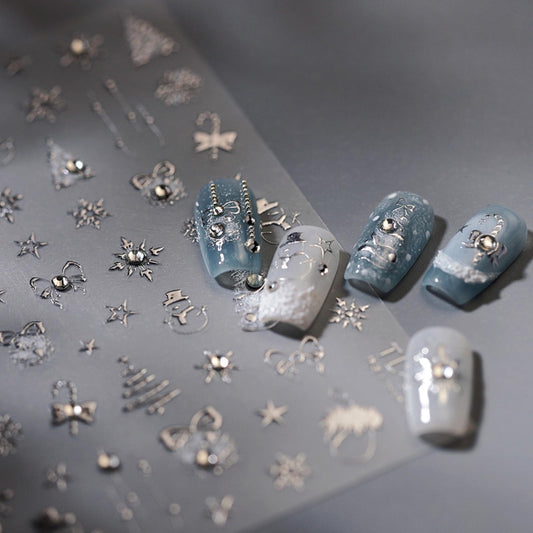 5D Embossed Silver Christmas Nail Stickers for Nail Art Xmas Nail Art Stickers Xmas Tree Nail Decals Self-Adhesive Snowflake Canes Rhinestone Nail Decals for Women Nail Supplies Manicure DIY