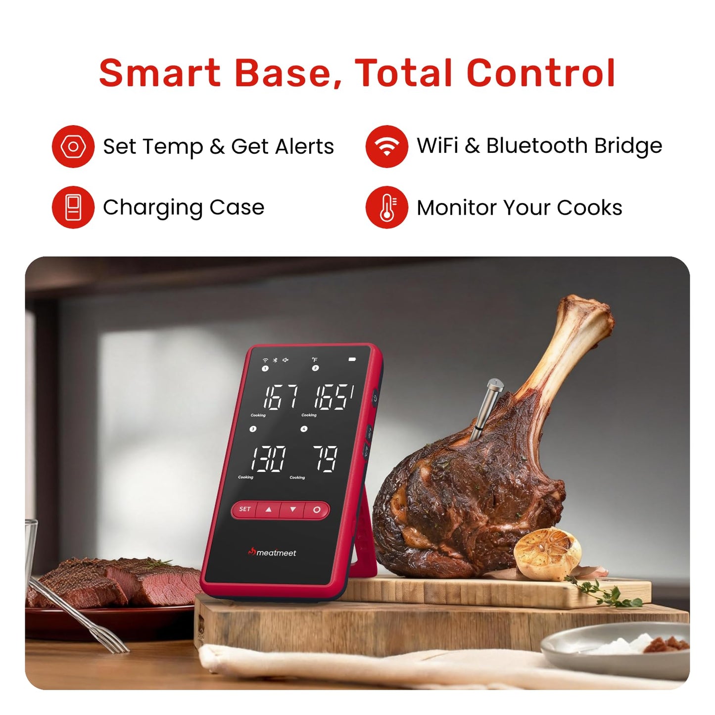 Meatmeet Z Pro Wireless Bluetooth Meat Thermometer, Standalone Base, WiFi Unlimited Range, 1080 Heat Resistance, ± 0.18°F Accuracy, 1 Probe with 6 Sensors for Kitchen, BBQ, Grill, Oven, Smoker