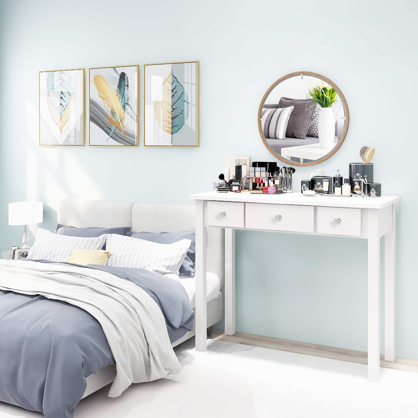 STHOUYN Home Office Small Writing Desk with Drawers Bedroom, Study Table for Adults/Student, Vanity Makeup Dressing Table Save Space Gifts White (White)