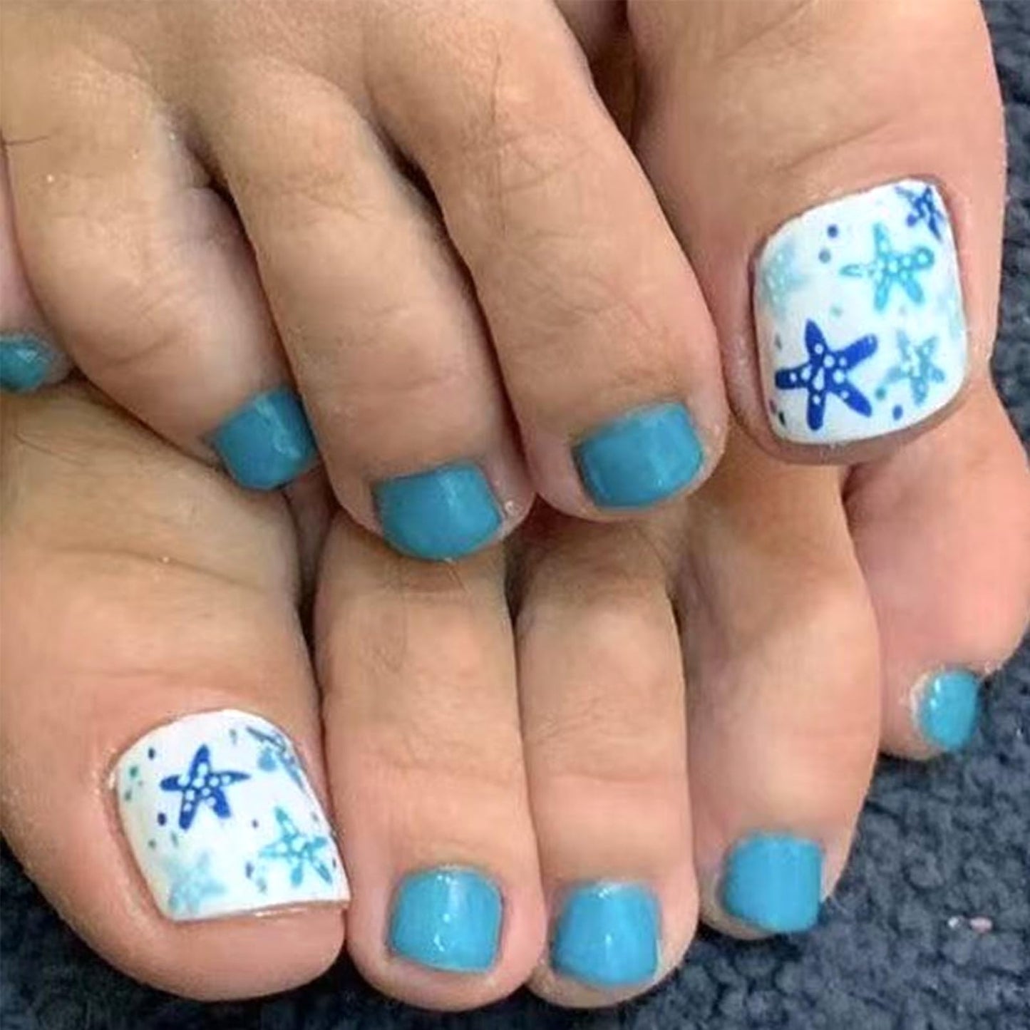 Blue Starfish Press on Toenails Short Square Fake Toe Nails Summer Beach Toenail Press ons Acrylic Toe Nail Tips Reusable Stick on Nails for Women Daily Vacation Manicure 24Pcs