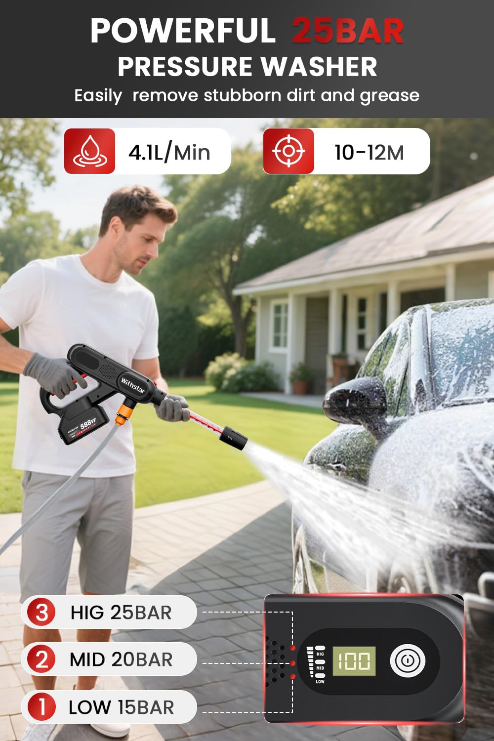 WITHSTAR Cordless Pressure Washers with 2 Rechargeable 3AH Battery, Multi-Function Nozzle, Portable Power Washer for Car/Floor/Patio Cleaning, Garden Watering(Black＆RED)