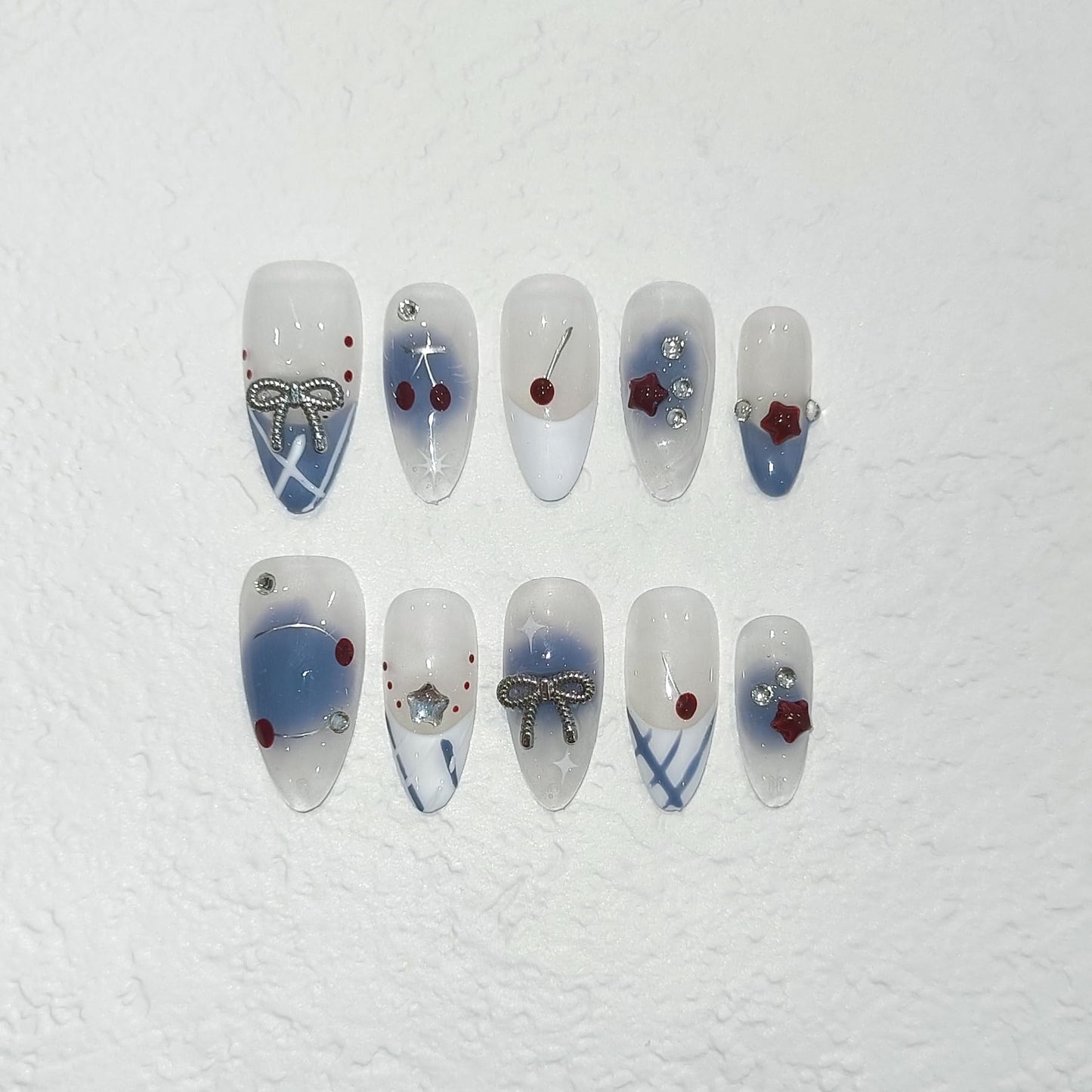 TENPAL Light Blue White French Press on Nails Medium Almond with 3D Charms Bow Rhinestone Cherry,10Pcs Sweet Girls Summer with Full Kit(L)
