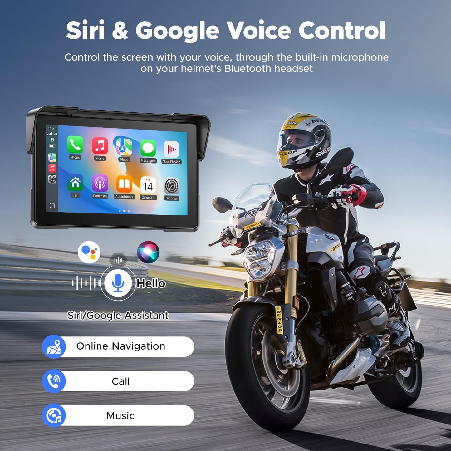 VOLAM 7" Wireless Motorcycle CarPlay Screen, IP67 Waterproof Touchscreen,GPS Navigation System,Anti-Glare for Daylight, Voice Control, Dual Bluetooth, Suitable for Harley, Kawasaki, Yamaha, etc.