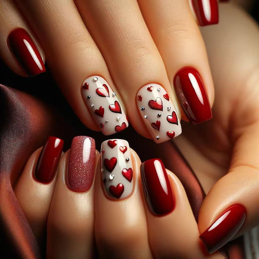 Valentine's Cat Eye Press on Nails Medium Square Red Love Heart 3D Steel Balls Design Valentine's Nails Charm Artificial Nailsl Full Cover Glossy Heart Stick on Nails 24Pcs Glue on Nails for Women