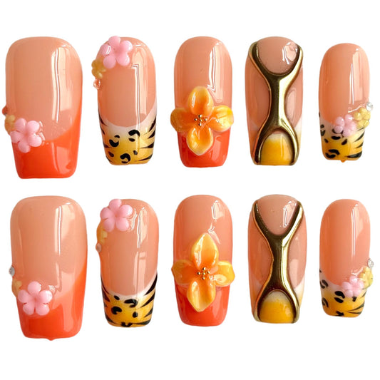 Handcrafted Press On Nails Medium/Short Square Shape, Orange Gradient Fake Nails with Tiger Print & 3D Flower Design, Reusable Acrylic False Nails Tiger Petal (M)