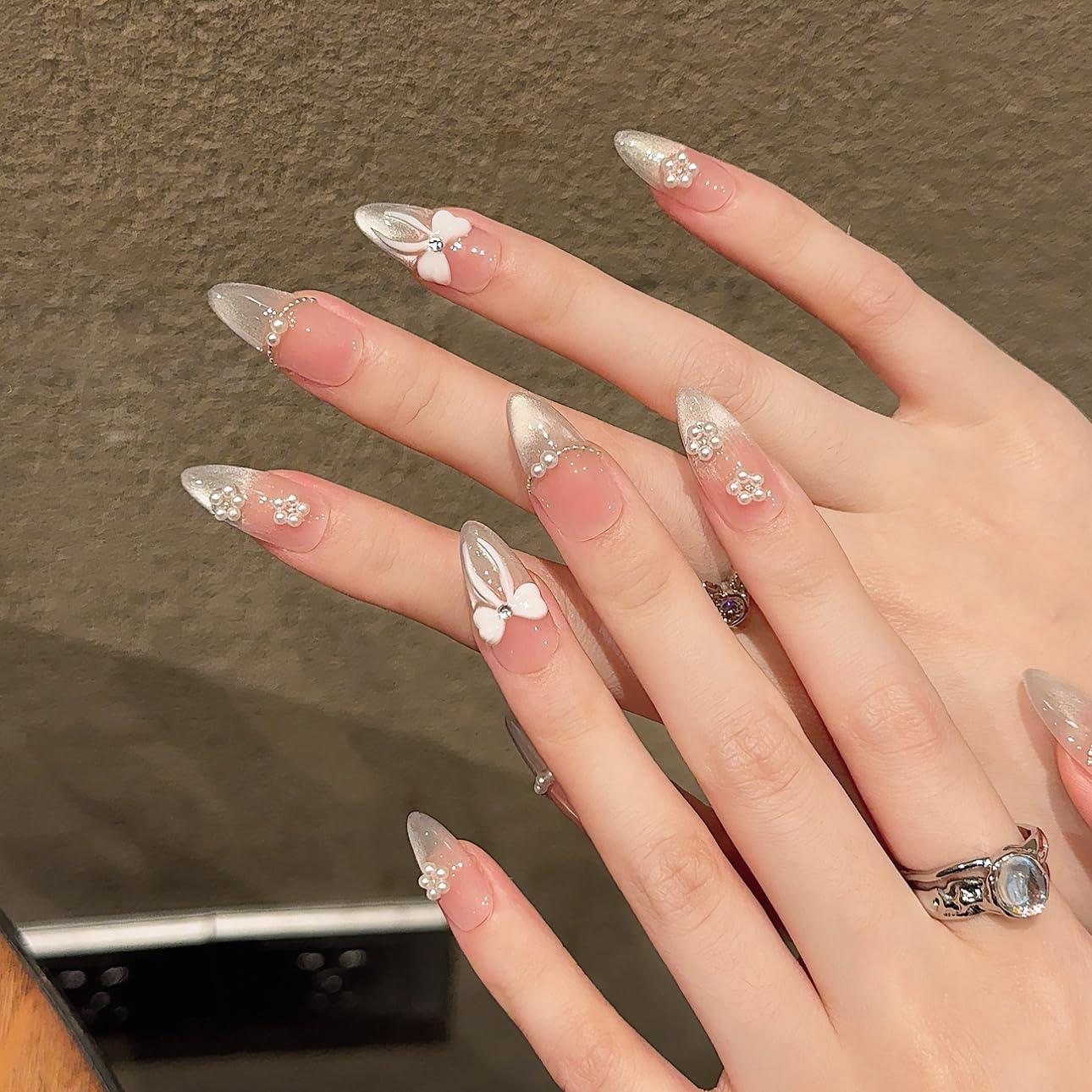 Handmade Press On Nails-3D Almond Cute Bow Cream White And Nude Colors,Wedding Prom And Festival Gift,Thick Acrylic and Muti-Layer Gel Reusable False Nails (L)