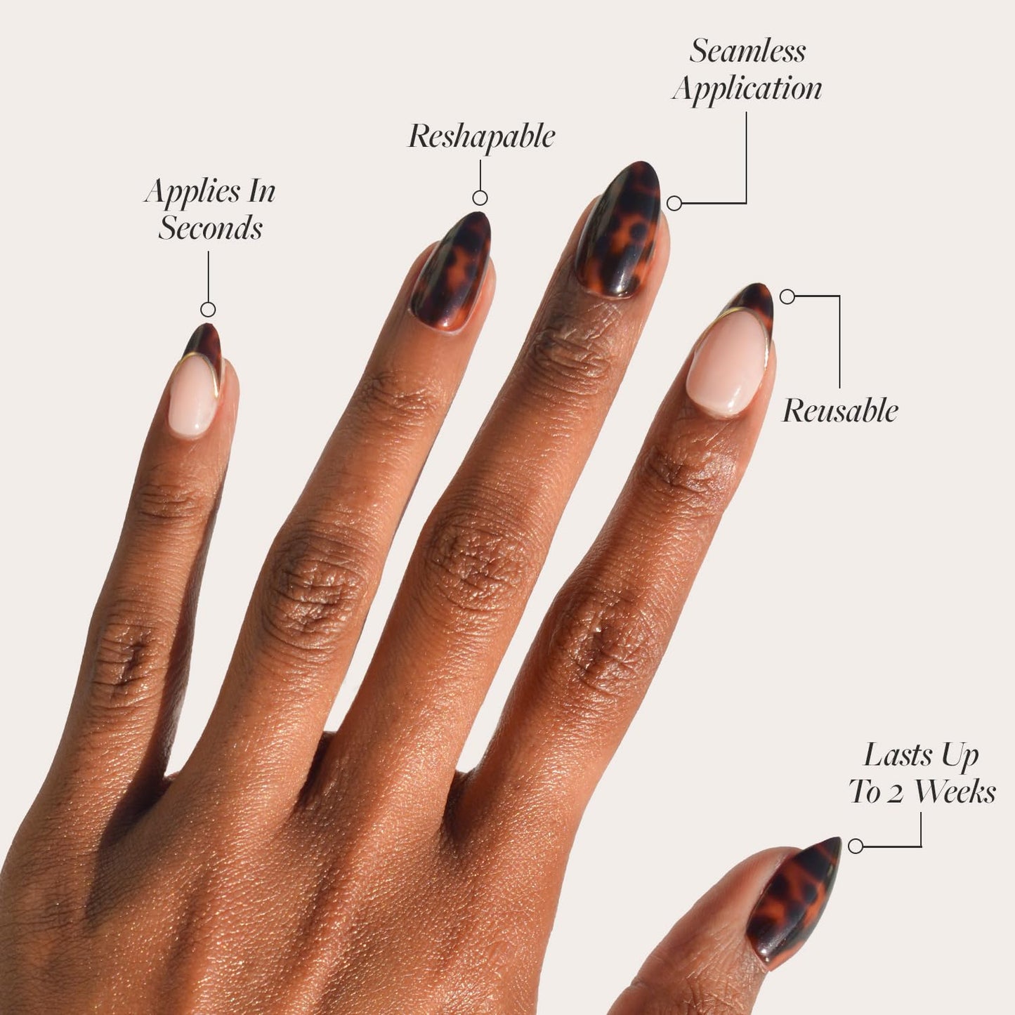 Glamnetic x GLAMZILLA Press-On Nails & Adhesive Nail Tabs - KILLAZILLA | Short Almond French Tip Fake Nails with Tortoiseshell Print | 15 Sizes - 30 Nail Kit with Adhesive Tabs