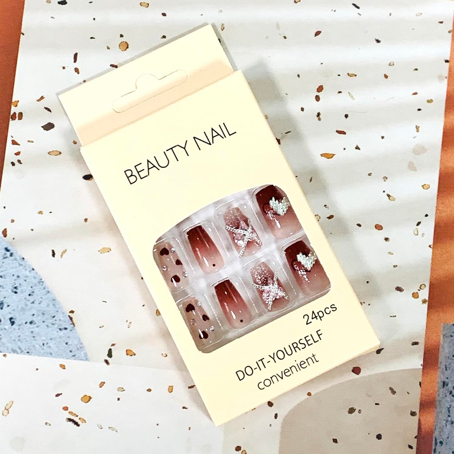 Vezocim Press on Nails Square Medium 24Pcs Glossy Full Cover Coffin Red Fake Nails with Heart Rhinestone Designs Artificial Acrylic False Nails Medium Square Fingernails for Women