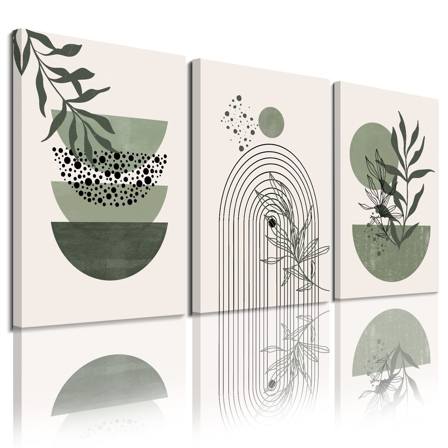 Sage Green Wall Posters & Prints, Green Boho Wall Art Set of 3, Minimalist Framed Wall Art Geometric Line Leaf Sun Moon Beige Green Canvas Artwork Paintings