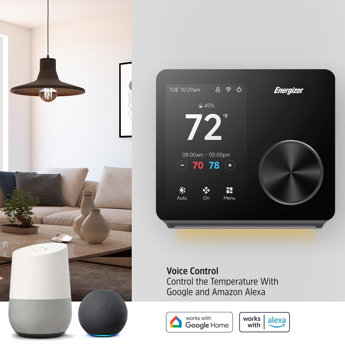Energizer Smart Thermostat, Programable Wi-Fi Thermostat, 5GHz & 2.4GHz, Compatible with Alexa and Google, App Control, 3.5” inch Color Touch Screen, Easy Installation, 7 Day Scheduling, Night Light