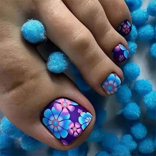 24PCS Summer Daisy Press on Toenails Short Square with Flower Designs Blue Purple Flower Matte Acrylic Full Cover Spring Summer Reusable False Toe Nails Kit with Jelly Toenails for Women