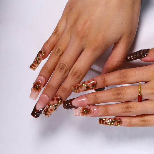 Press On Nails - MAGLFELL Handmade Square Fake Nails, Spring & Summer Painting 3D Floral Design, Reusable Artificial False Nails for Women 15 Sizes - 30Pcs Stick On Nails Kit