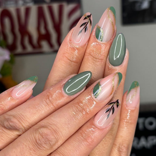 24Pcs Medium Press on Nails Almond Fake Nails with Leaves Designs Golden Glitter Glue on Nail Nude & Green Acrylic Nails Press ons Reusable Stick on Nails for Women Girls