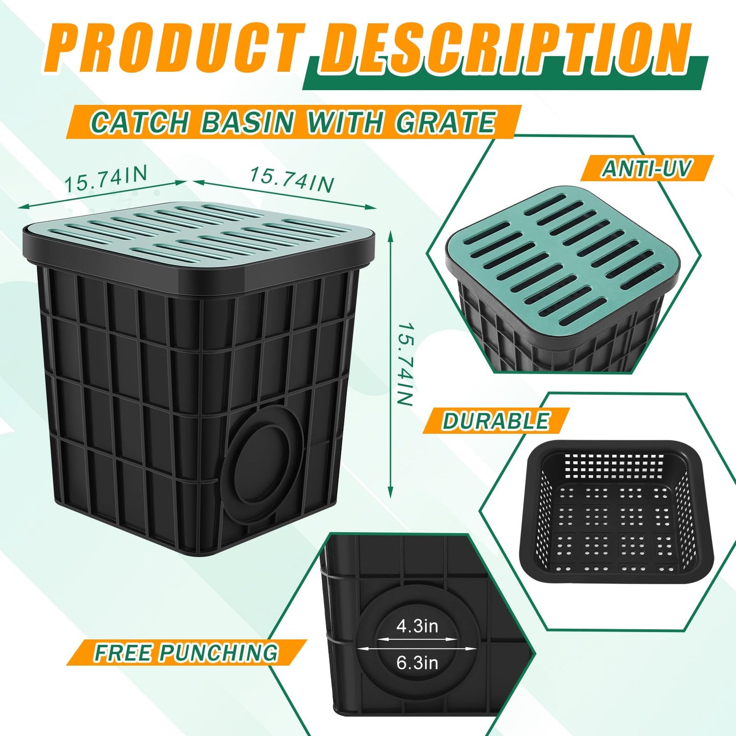 Kritkin Catch Basin with Grate 15 x 15 x 15 Inch Square Large Catch Basin for Drainage with Debris Basket French Drain Without Reserved Hole for Yard, Downspout, Lawn, Municipal Pipeline