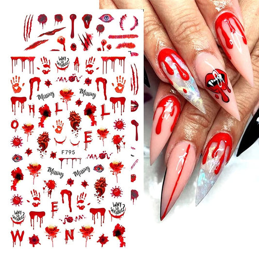 TOFD Blood Nail Art Stickers Halloween Sticker Decals, Self Adhesive 3D Supplies Scar Clown Snake Eye Heart Designs for Women Girls Acrylic Nails, 4 Count (Pack of 1)