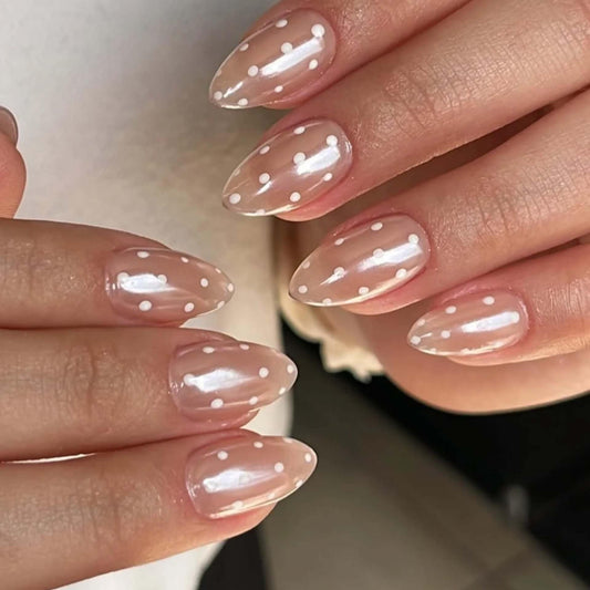 Chrome Polka Dot Press on Nails Short Almond Fake Nails Cute Nude Nails Press ons with White Dots Design,Full Cover Stick on Nails for Women Manicure,Reusable | Artificial | Easy Apply | 24Pcs