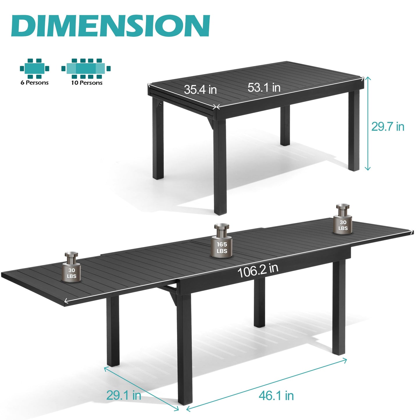 VredHom Expandable Patio Outdoor Dining Table for 8-10, 53" - 106" Aluminum Extendable Table, All-Weather Rectangle Deck Garden Furniture