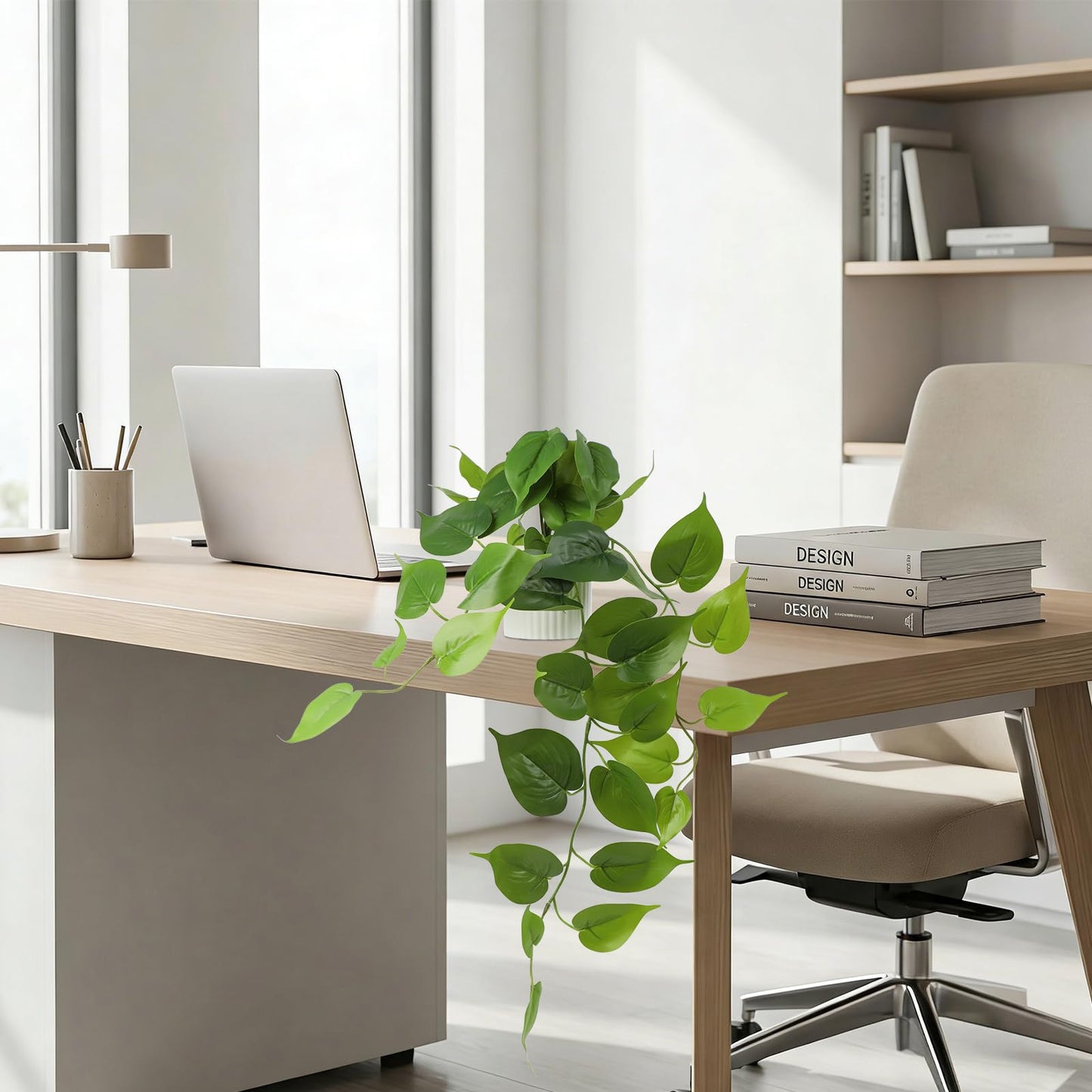 WucaFl Fake Pothos Hanging Plant – Artificial Plastic Ivy Vines with White Pot, Realistic Faux Greenery for Indoor Home Office Bathroom Shelf Cabinet Decoration