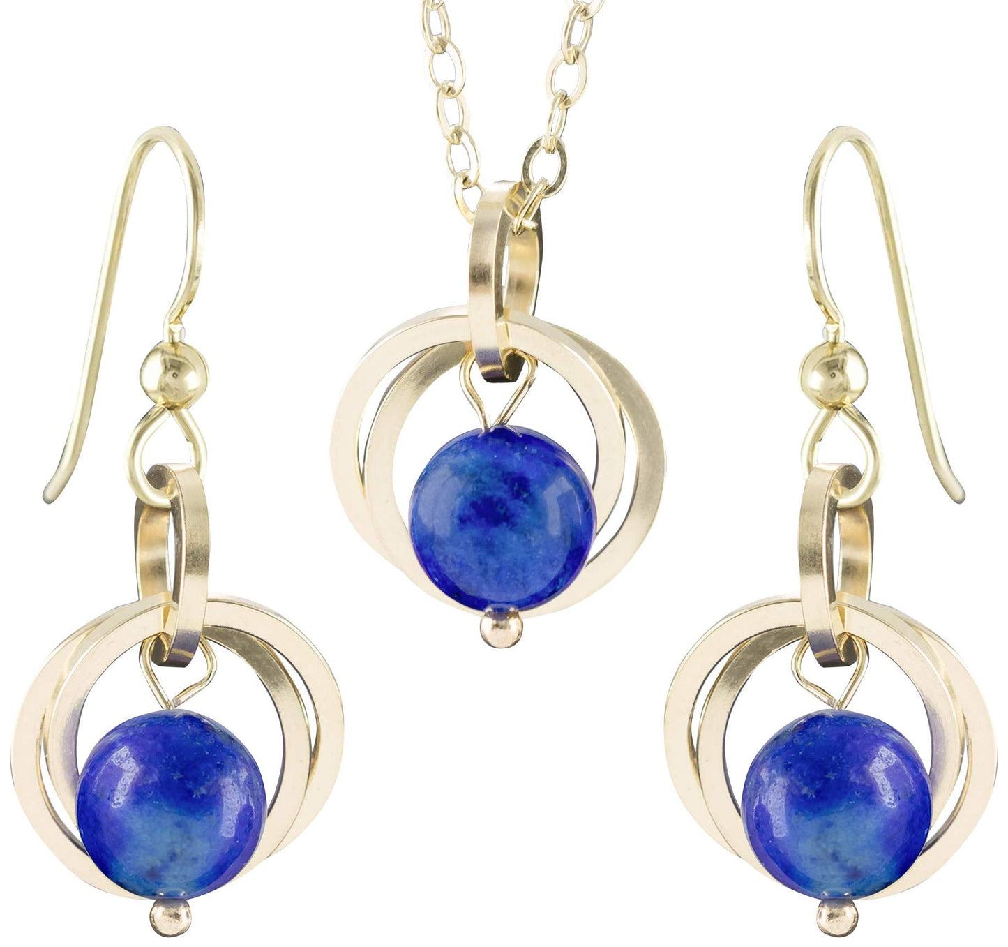 Tahmi Blue Lapis Lazuli Real Gemstone 14K Gold-Filled Pendant Necklace and Dangle Earrings Jewelry Gift Set for Women - 18 Inches - Artisan Detail Edition