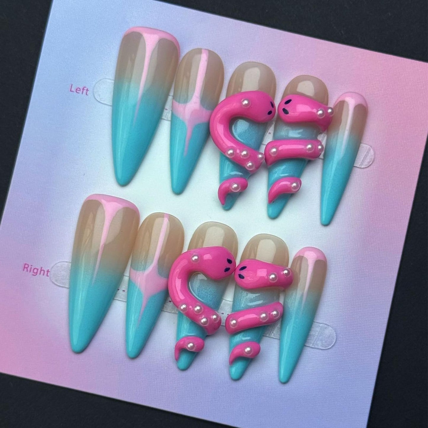 100% Handmade Press on Nails Pink Snake Fake Nails Long Stiletton False Nails Ombre Blue Glue on Nails Reusable Full Cover Halloween Handmade Nail Press ons for Women Girls Manicure 10Pcs Size L