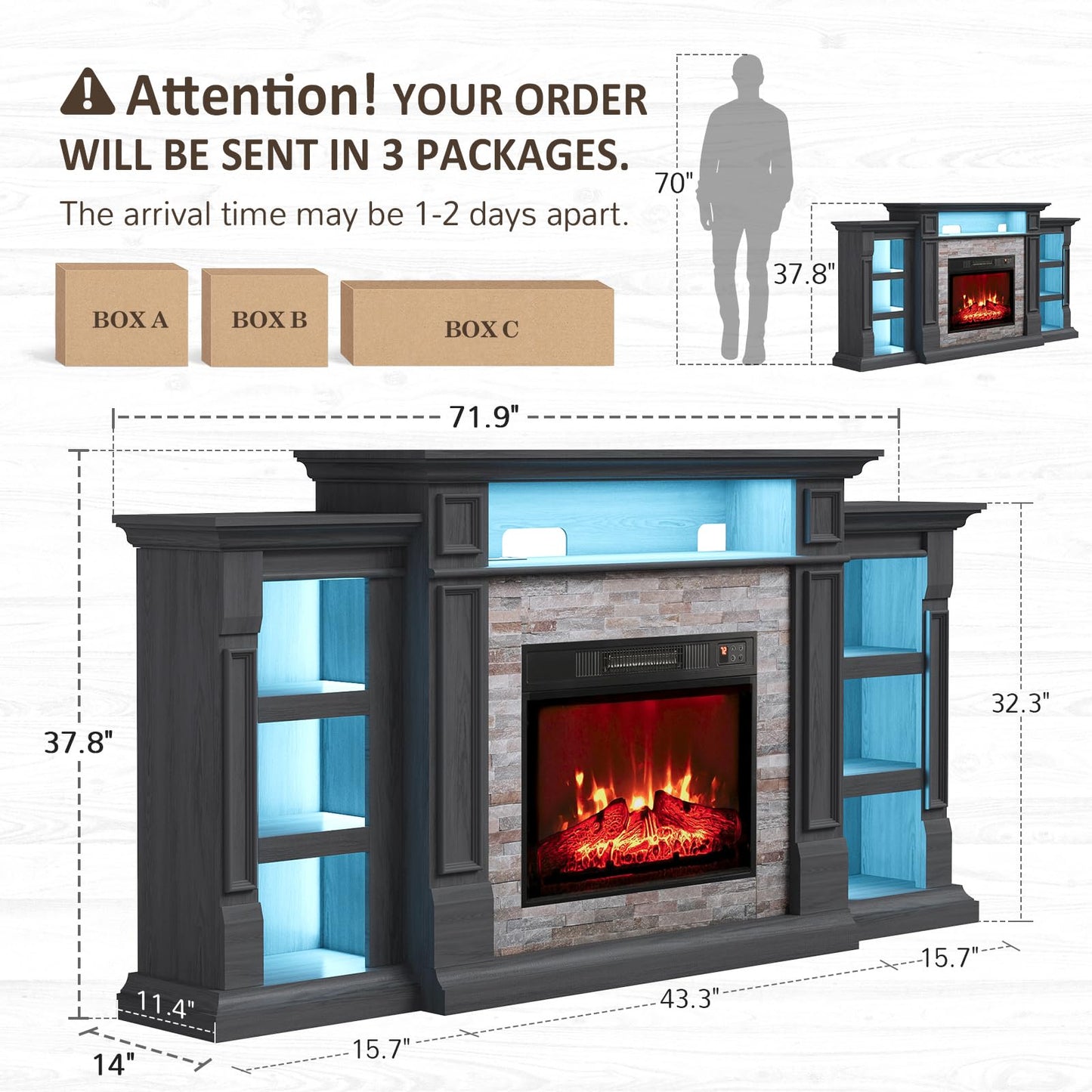 Naice 72" Electric Fireplace with Mantel and Cabinets, Fireplace TV Stand for Living Room Bedroom, LED Light & Power Outlet, 23in Realistic Flame Fireplace and Stacked Stone Surround, Black