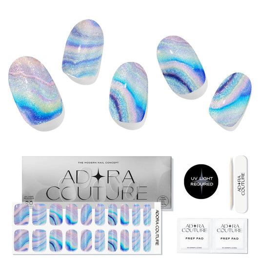 Adora Couture Semi Cured Gel Nail Strips with 20 Pieces - UV Gel Stickers, Manicure Kit, Easy Application Wraps Includes Prep Pads, Nail File, Wooden Stick - UV Light Required (Blue Sea)