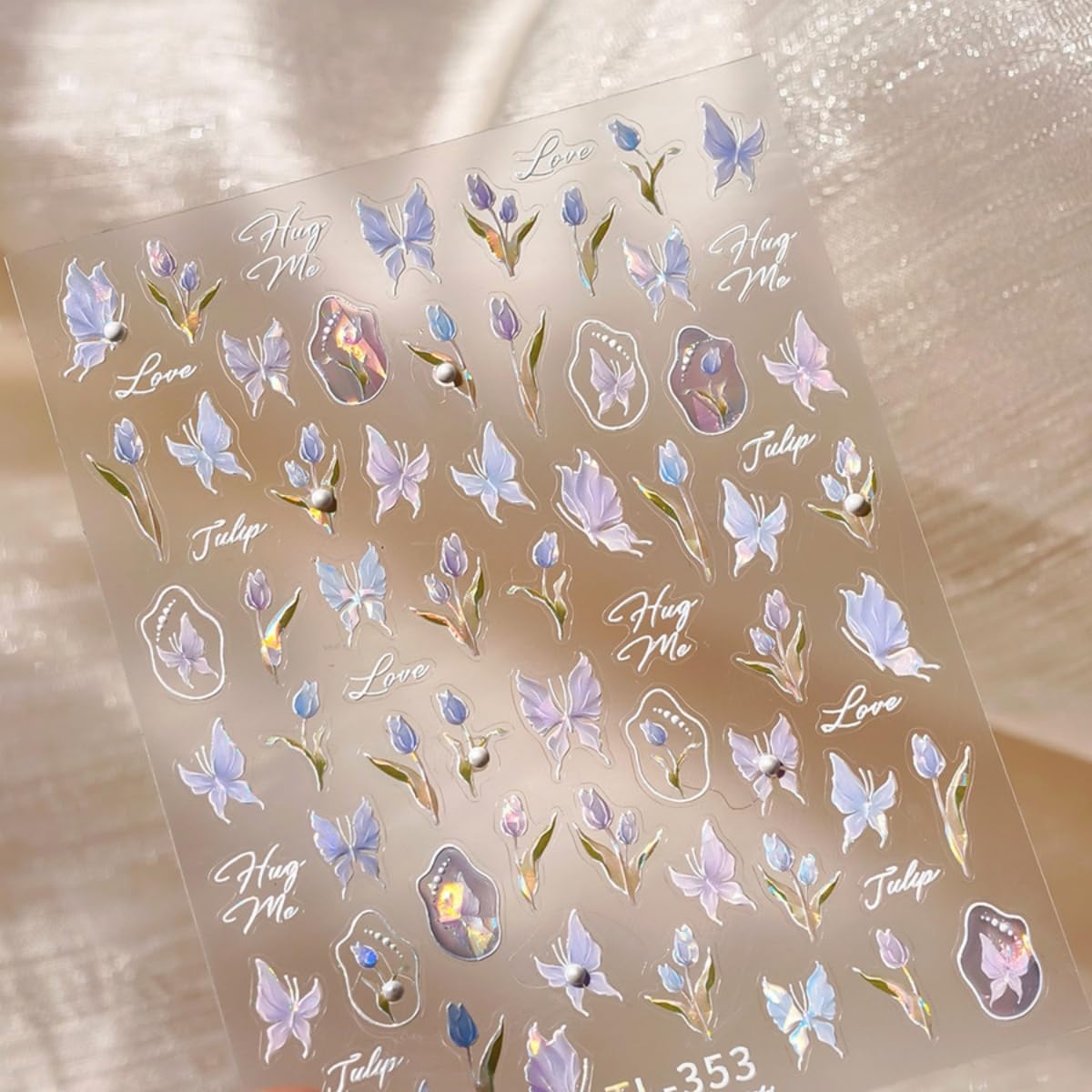 Spring Nail Art Stickers 5D Embossed Flowers Butterfly Nail Decals Laser Aurora Nail Stickers for Nail Art Pink Floral Nail Design Decoration Accessories for Women and Girls 2 Sheets